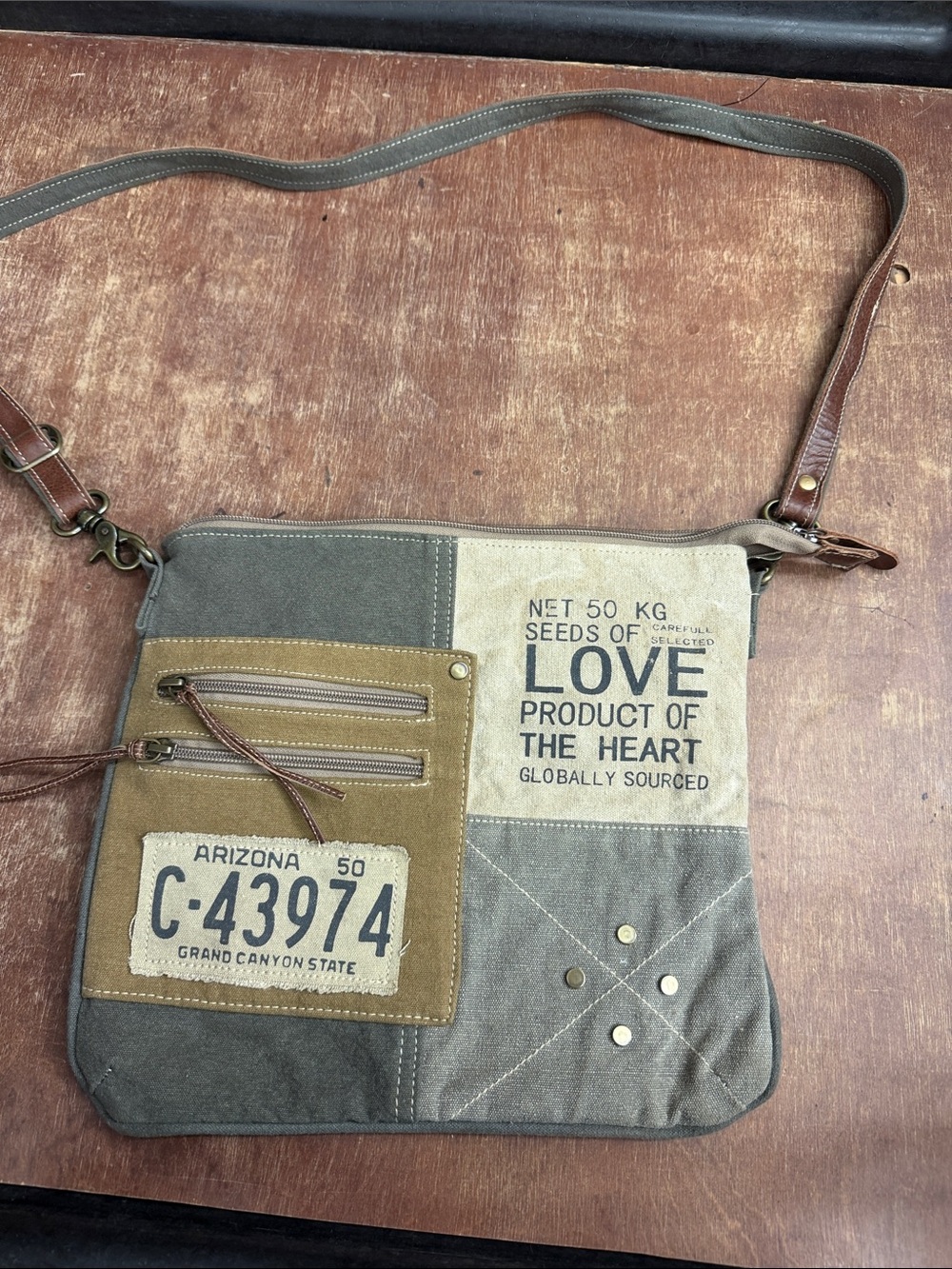 Canvas Patchwork Crossbody Bag in Olive and Tan